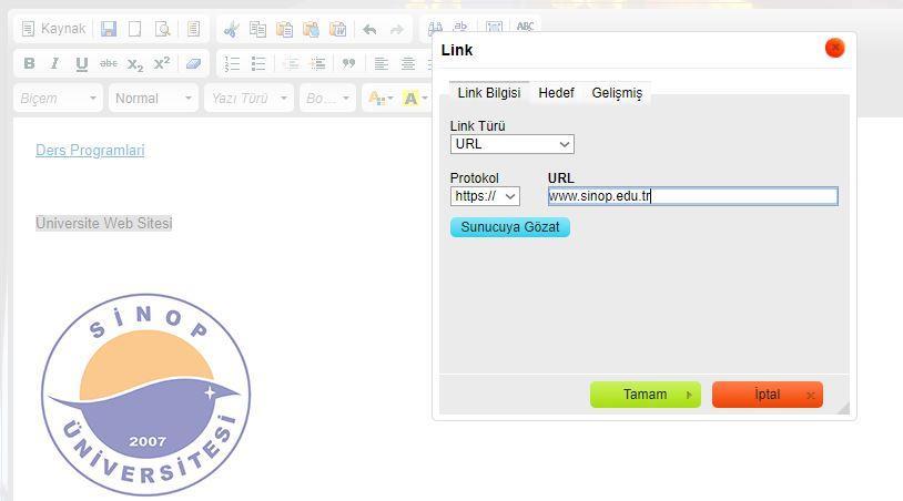 (Resim 24) Resim 25-Link Ekranı Upload işlemi gerçekleştikten sonra açılan Link penceresinde Tamam butonuna basılır.