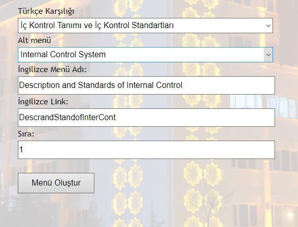 2.6.5 İngilizce Menü Ekleme Resim 101 İngilizce Menü Ekleme Sayfası Açılır Menü > İngilizce Menü (Resim 93) menüsü tıklandığında İngilizce Menü Ekleme sayfası açılır.