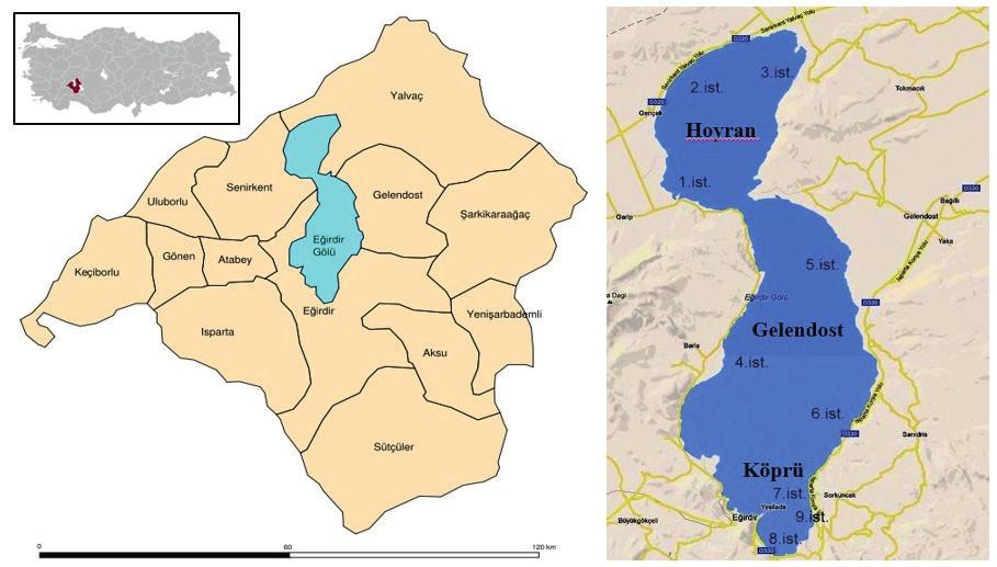 Şekil 1. Eğirdir Gölü su kalitesi örnekleme noktaları Figure 1.