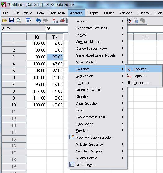 Aynı Pearson korelasyonda olduğu gibi Analyze>Correlate