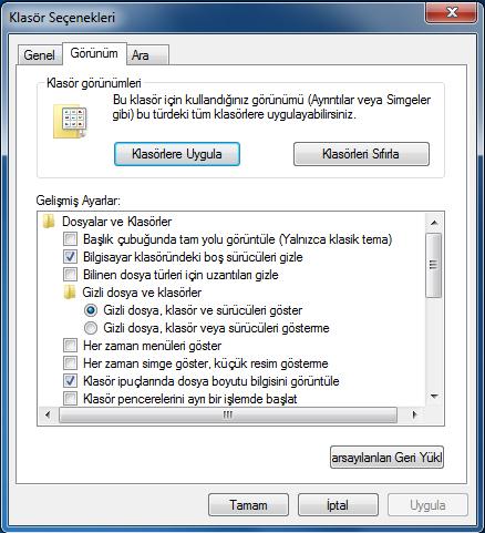 2- Görünüm Sekmesi: Klasörlere ait görünüm ve gelişmiş bazı özellikleri ayarlamak için kullanılır. Klasör görünümleri bölümünde iki adet düğme yer almaktadır.