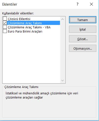 Şekil 2: Çözümleme Araç Takımı (Analysis Toolpak) seçeneği ile Excel veri çözümleme araç takımı aktif hale getirilmektedir. Excel programı veri analizi yapılması için çok karmaşık araçlara sahiptir.