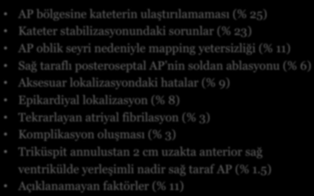 hatalar (% 9) Epikardiyal lokalizasyon (% 8) Tekrarlayan atriyal fibrilasyon (% 3) Komplikasyon oluşması (% 3) Triküspit annulustan 2 cm