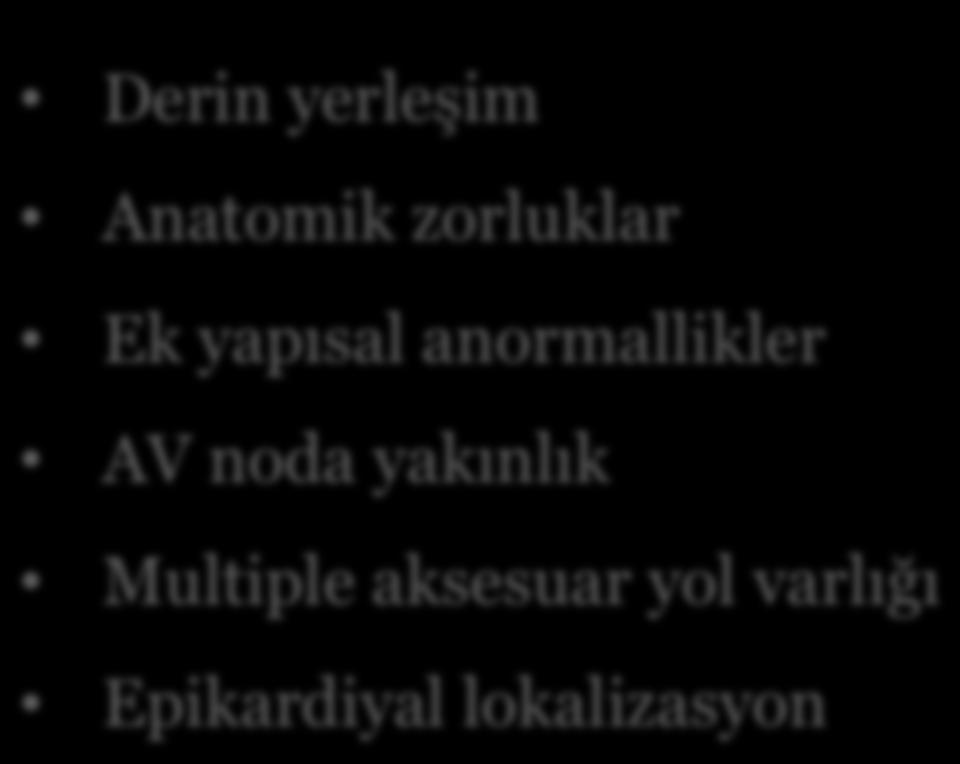 Aksesuar Yol Ablasyonu Başarısızlık Nedenleri Derin yerleşim Anatomik zorluklar Ek yapısal anormallikler AV noda yakınlık