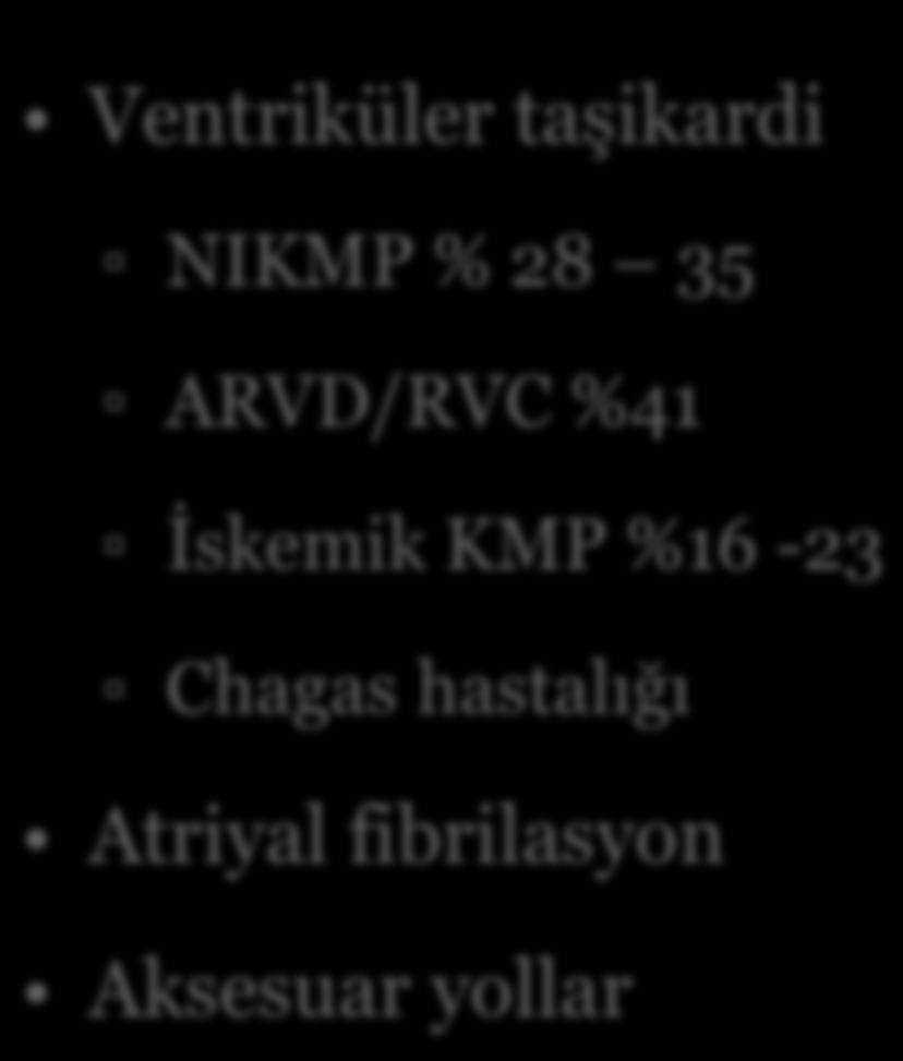 Epikardiyal ablasyon uygulanabilecek aritmiler Ventriküler taşikardi NIKMP % 28 35 ARVD/RVC %41 İskemik KMP %16-23 Chagas hastalığı