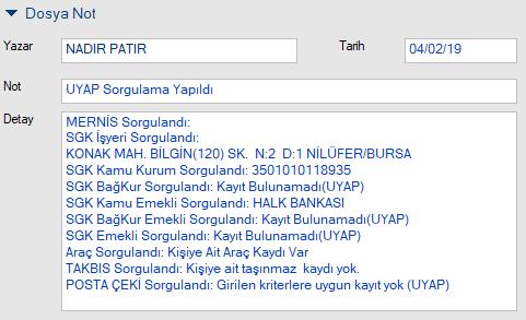 TEAMWORK A OTOMATİK KAYDEDİLEN SORGULAMA SONUÇLARI Sorgulama Sonuçlarını Gir İşlemi ile TeamWork da aşağıdaki kayıtlar otomatik olarak oluşturulur: 1.