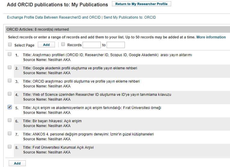 Üçüncü sıradaki Retrieve ORCID publications into my ResearcherID account Go (ORCID yayınlarını ResearcherID hesabıma al)