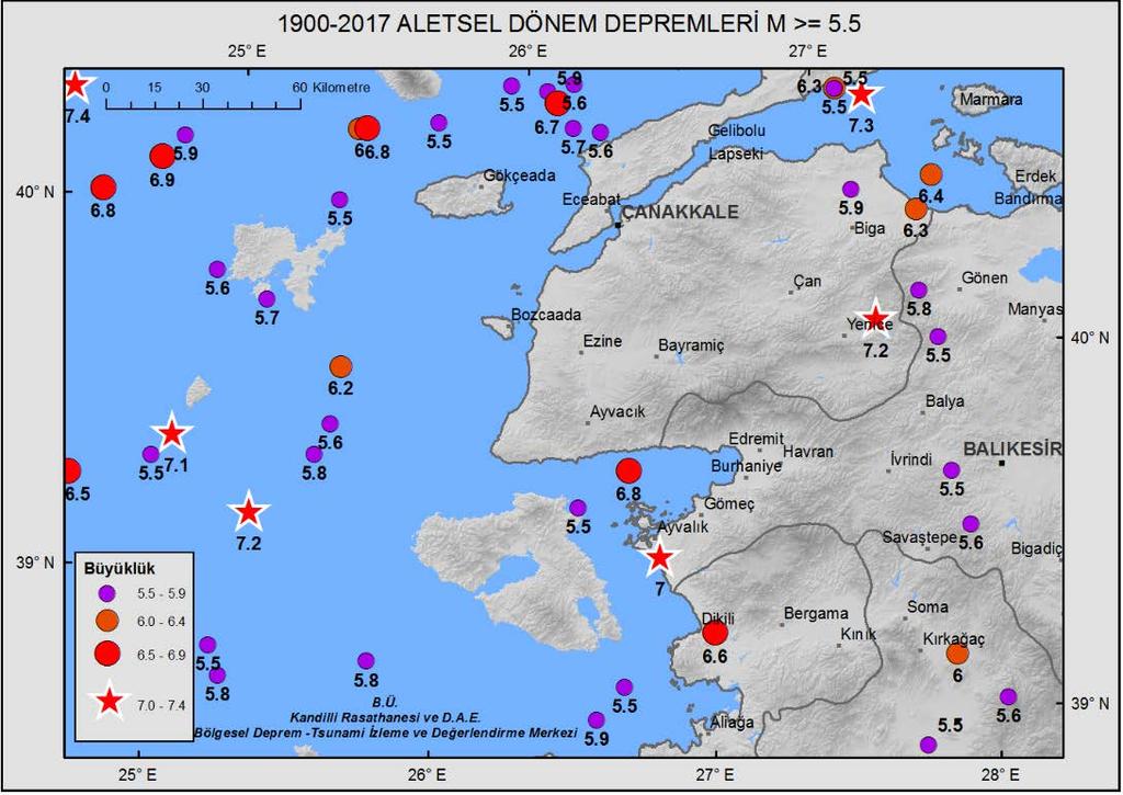 Bölgeye en yakın hasar yapıcı deprem 1944 yılında Edremit Körfezi nde (M=6.8) meydana gelen depremdir.