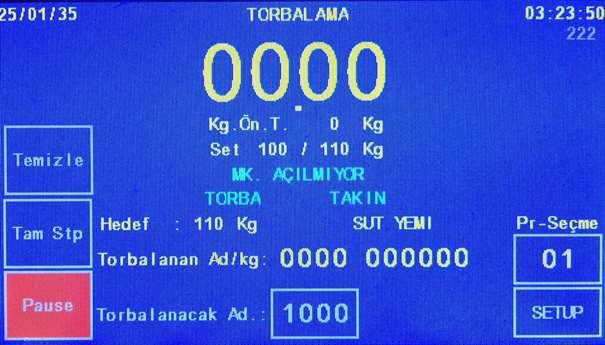 b. Start Konumu Kg.Ön.T: Bir önce torbalanan malzemenin ağırlığını gösterir. Program değerlerini düzeltmek veya kontrol etmek için faydalıdır. Örnek: 54.