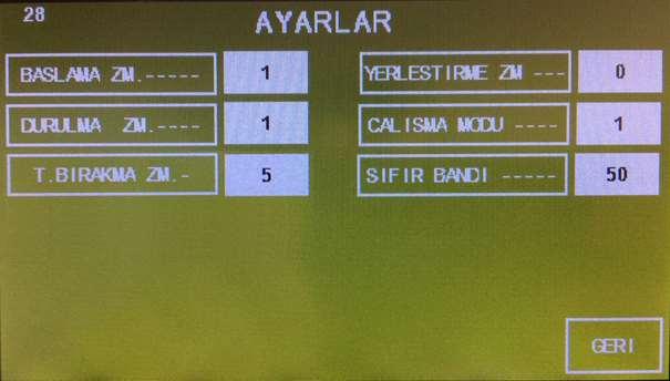 2.2 AYARLAR: BASLAMA ZM------: Her tartımın başında mal kesiciyi açmadan önce bekleme zamanıdır. Birimi saniyedir.