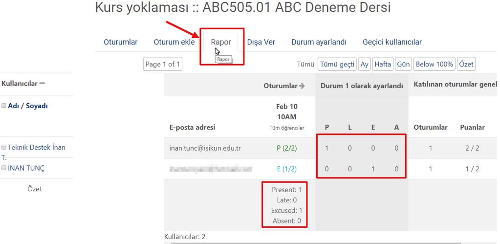 Yoklama Alma Rapor sayfasında yoklama ile