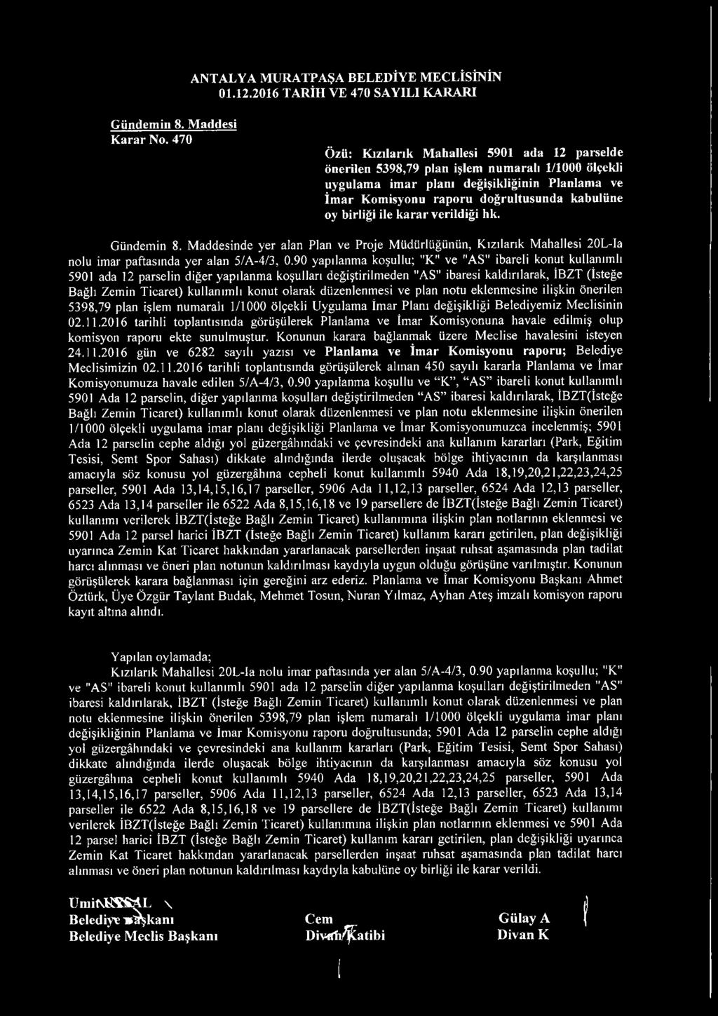 oy birliği ile karar verildiği hk. Gündemin 8. M addesinde yer alan Plan ve Proje M üdürlüğünün, Kızılarık M ahallesi 20L-Ia nolu imar paftasında yer alan 5/A-4/3, 0.