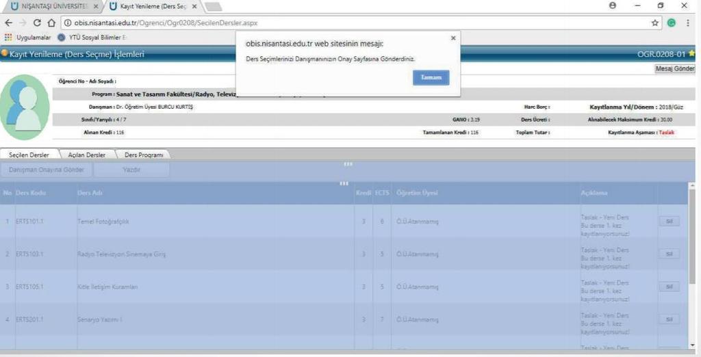 «Ders Seçimlerinizi Danışmanınızın Onay Sayfasına