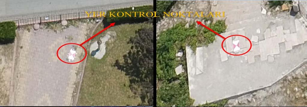 Şekil 2. Havadan çekilen fotoğraflarda kullanılan yer (sol) ve yapı (sağ) kontrol noktalarının yakından görünümü Şekil 3.