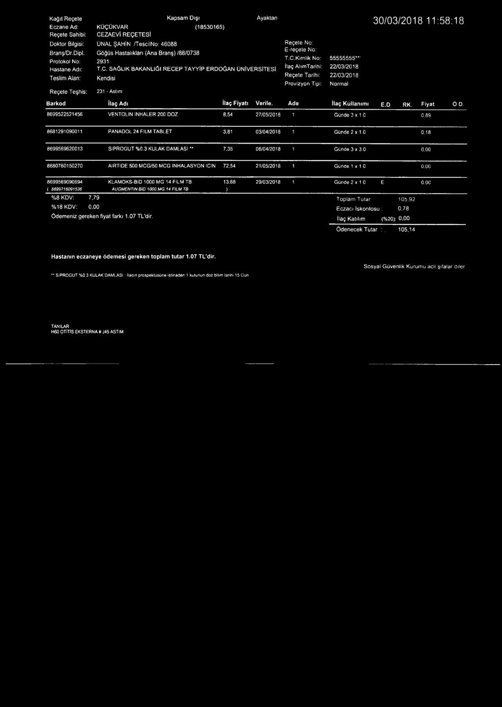 C.Kimlik No: İlaç AlımTarihi: Reçete Tarihi: Provizyon Tipi: 55555555**' 22/03/2018 22/03/2018 Normal 30/03/2018 11:58:18 Barkod ilaç Adı İlaç Fiyatı Verile. Ade ilaç Kullanımı E.D RK. F iya t Ö D.