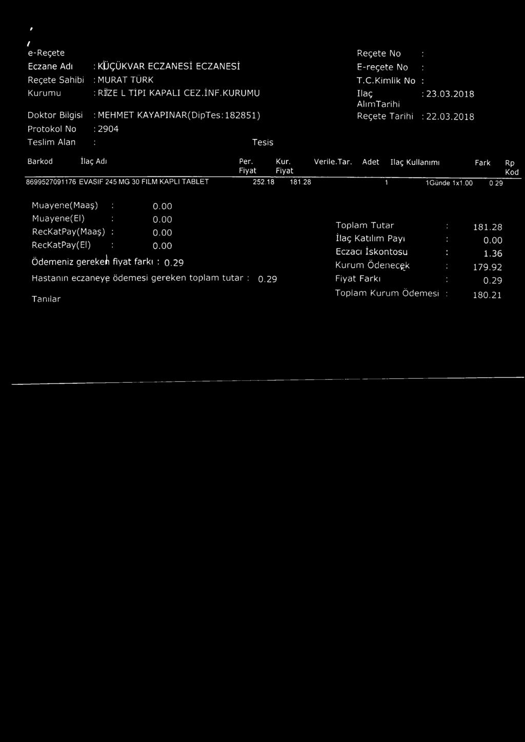 18 181.28 i IGünde 1x1.00 02 9 Rp Kod Muayene(Maaş) : o.00 Muayene(EI) : o.00 RecKatPay(Maaş) : o.00 RecKatPay(EI) : 0.00 Ödemeniz gerekeli fiyat farkı : o.