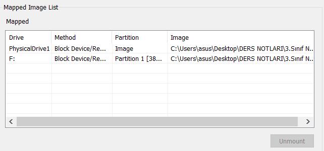 Adım 3:Mount tıkladıktan sonra Drive alanına yeni sürücü olarak imaj dosyamız eklenecektir. Adım 4:Mount İşlemi yapıldıktan sonra imaj sanki fiziksel bir diskmiş gibi eklenir. 9.