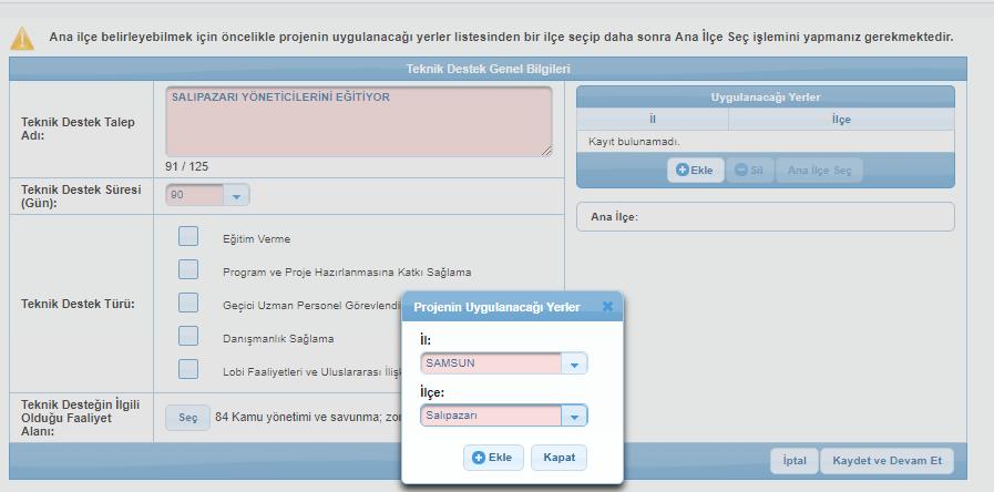 Teknik destek (TD) genel bilgiler ekranı; Uygulama