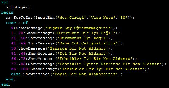 Eğer değişkenin değer durumlardan hiçbirine uymuyorsa Else kısmındaki komutlar çalışacaktır.