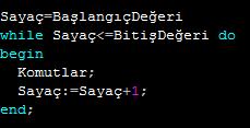 Bir şart gerçekleştiği sürece çalışması gereken program bloklarında kullanılır. Burada; şart gerçekleştiği sürece döngü çalışmaya devam edecektir. For döngüsünün getirdiği bazı kısıtlamalar vardır.