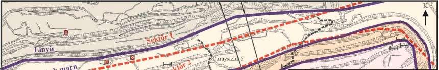 Şekil 2. İşletmenin güney şevi jeoloji ve dökümantasyon haritası. Çizelge 1. İncelenen şevlerdeki süreksizliklerin ortalama (ağırlıklı) yönelimleri. Süreksizlik (eğim/eğim yönü) Sektör No.