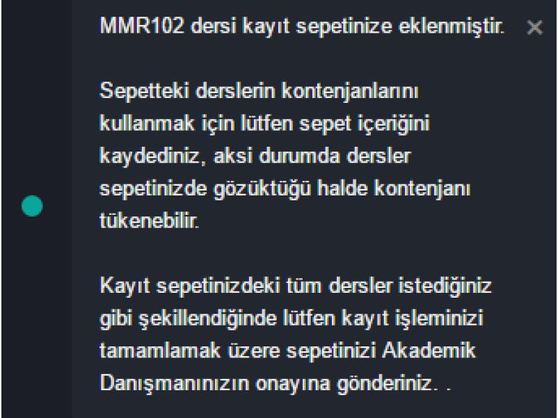 Eğer ders seçmeli ders kategorisindeki bir ders ise o zaman Kayıt Yap butonunun üzerindeki açılır listeye tıklayarak bu gruptaki dersler listelenir ve sepete eklemek istediğiniz ders seçilir, sonra