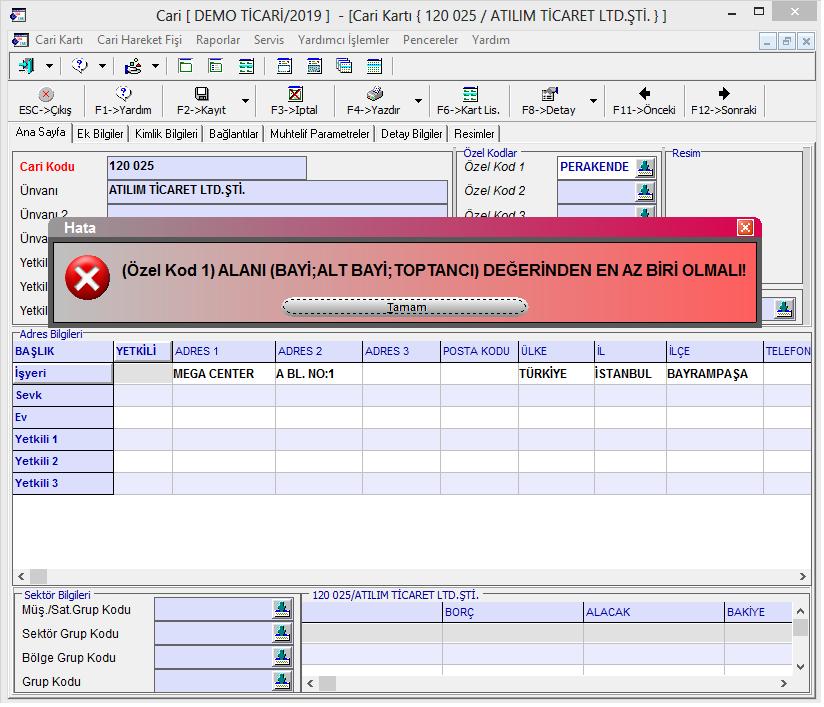 Ekran 10: Cari Kart Kısıtlama Hatası Örneği SQL Sorgu (%s) : Bu alana bir sql sorgusu yazılır, sorgu sonucunda gelen değerlere