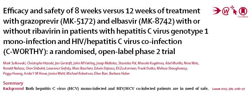 HCV mono enfeksiyonlu genotip-1 ve HCV-HIV koenfeksiyonlu 218 olgu Grazoprevir (100mg/gün) + elbasvir (50mg/gün)