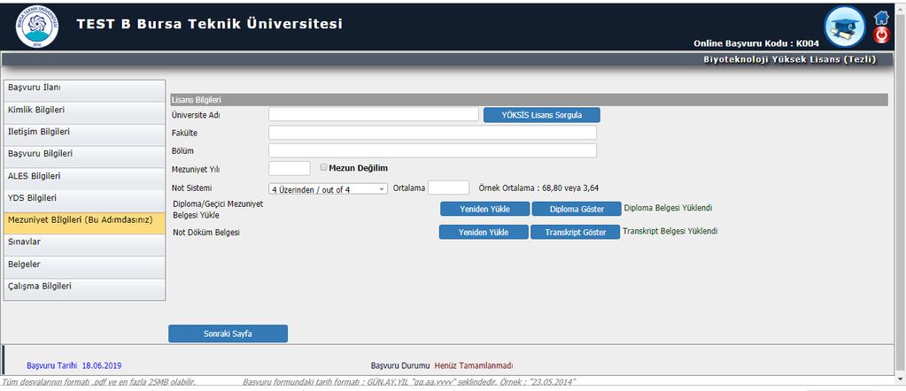 Öğrenim bilgileri YÖKSİS Lisans Sorgula butonu