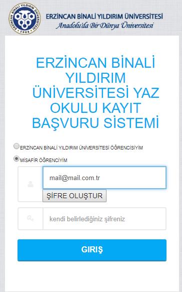 - Diğer Üniversite öğrencileri Misafir Öğrenciyim seçeneğine şahsi maillerini girdikten sonra Şifre Oluştur butonunu tıklayarak şifre oluşturulacaktır.