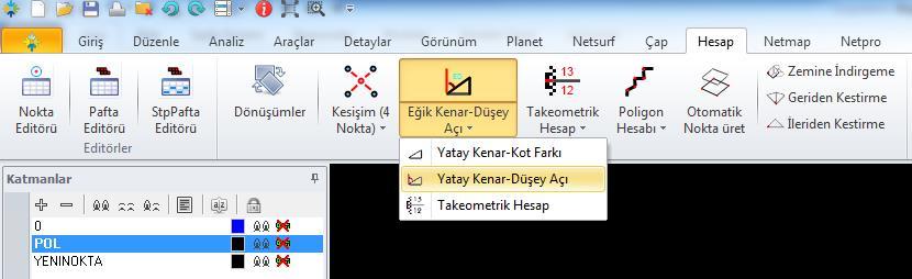 Yatay Kenar-Düşey Açı kullanılarak kutupsal hesap değerleri NetCAD ortamına girilir