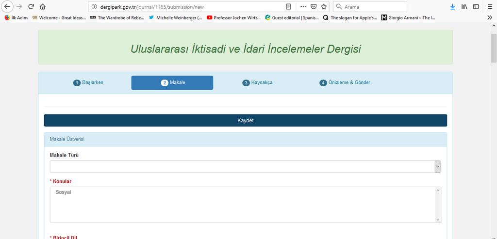 Ekranın aşağısına doğru gerekli bilgilendirme alanları doldurulmalıdır. ORCID numarası olmayan yazarlarımız için aşağıdaki ekranda görüleceği gibi bir bağlantı butonu bulunmaktadır.