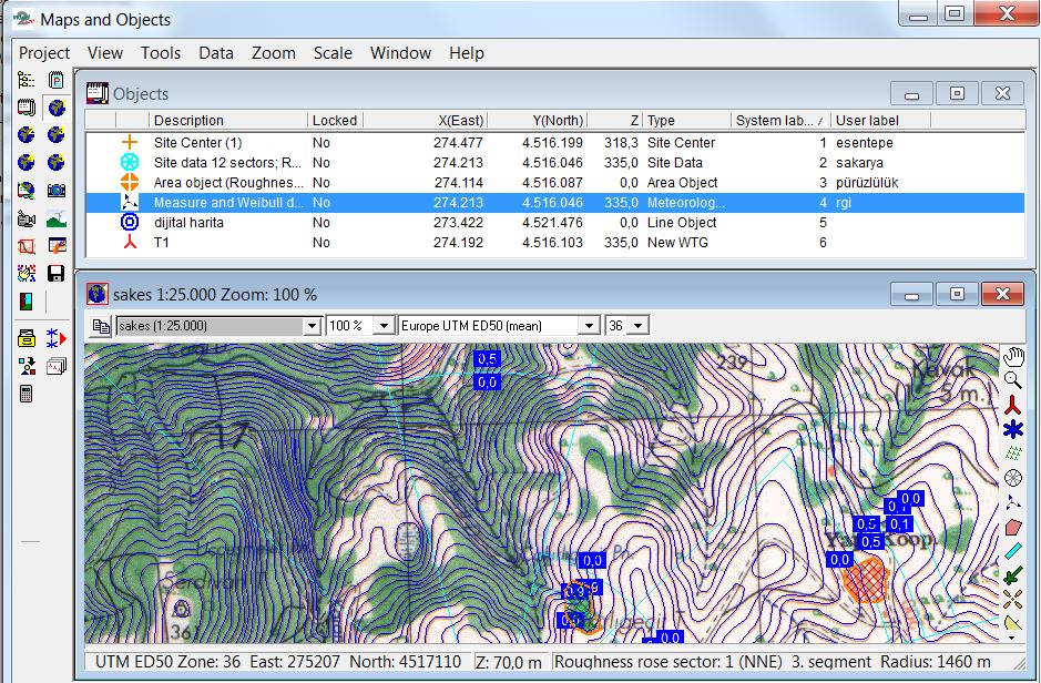 F. ORAL, R. BEHÇET, E. GÖNEL Şekil 1. WindPRO programında harita ve obje ara yüz ekranı [3] 4.