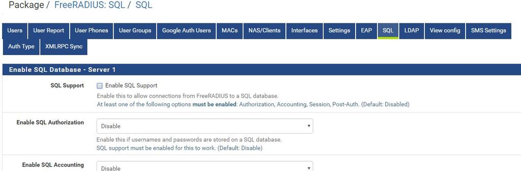 Bunun için; Services -> FreeRadius açıyoruz. SQL sekmesine geçiyoruz.