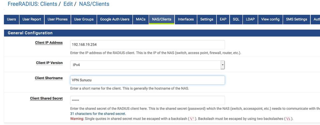 Client Shared Secret: VPN sunucu ile Coslat 2FA arasında iletişimin sağlanması için gerekli password alanıdır.