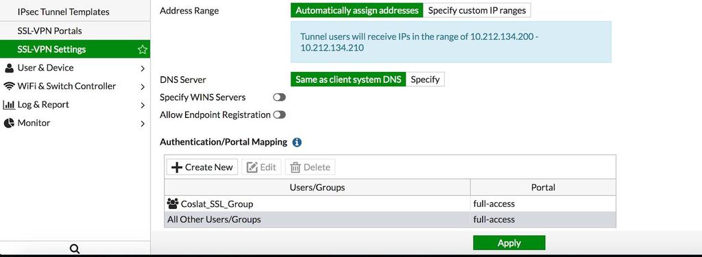 VPN -> SSL-VPN Settings tıklıyoruz. Authentication/Portal Mapping -> Create New tıklıyoruz.