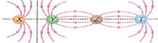 17. Yüklü X, Y, Z, T kürecikleri rsındki elektrik ln çizgileri şekildeki gibidir. Bun göre; I. X küreciği Y küreceğini iter II. Y küreciği Z küreciğini çeker. III. T küreceği (-) yüklüdür.