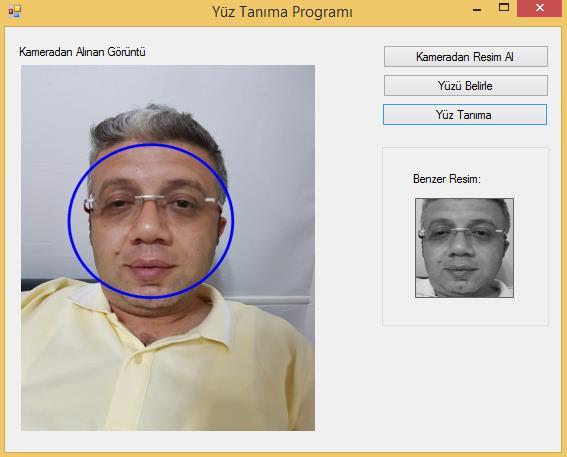 Yüz Tanıma butonu ile Tablo 1 deki daha önce oluşturulan yüz verileriyle o anda alınan bireyin yüz fotoğrafı Şekil 3 te gösterildiği üzere şablon eşleştirme yöntemi kullanılarak karşılaştırılmıştır.