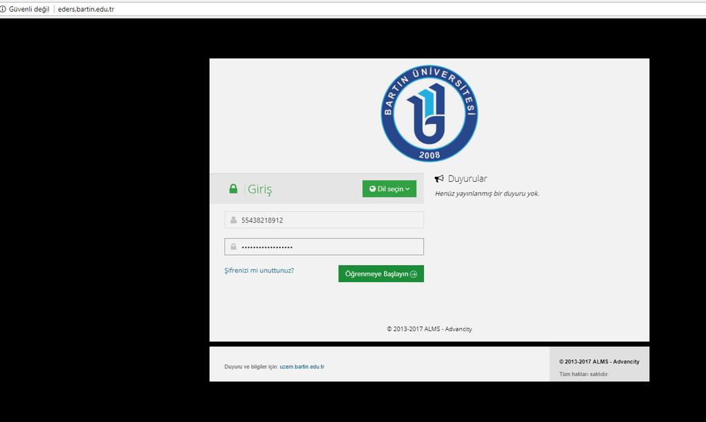 İlgili alandan kullanıcı adı ve şifrenizi yazarak sisteme giriş yapabilirsiniz. Web ortamında doğrudan http://eders.bartin.edu.