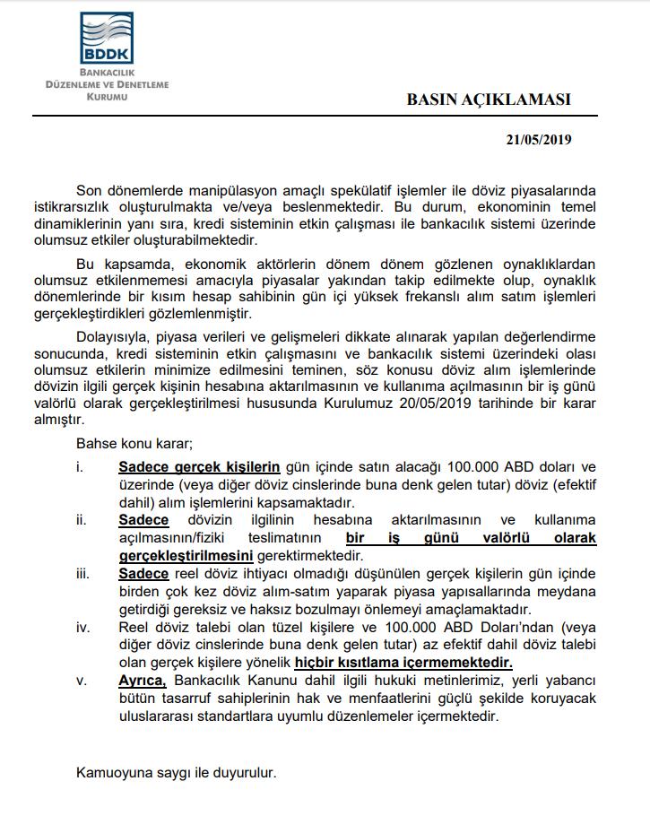 BDDK; bankalara göndermiş olduğu yazının ardından, 21.05.