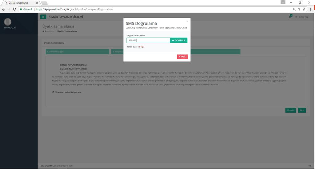 KPS Üyelik Tamamlama Cep telefonunuza gelen