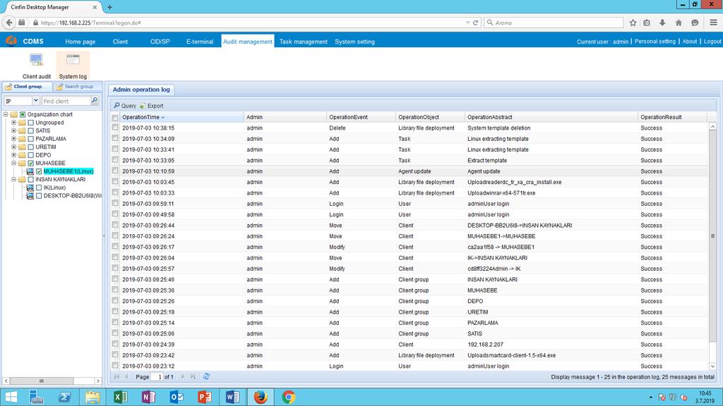 19-Sistem Kayıtlarının Yönetimi: Merkezi yönetim yazılımı üzerinden yapılan işlemlerin hangi kullanıcı ile hangi tarih ve saat diliminde yapıldığını görüntüleyebilmekteyiz.