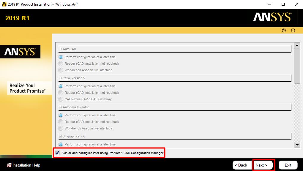 ANSYS 2019 R1 Kurulumu Skip all and configure later using Product & CAD