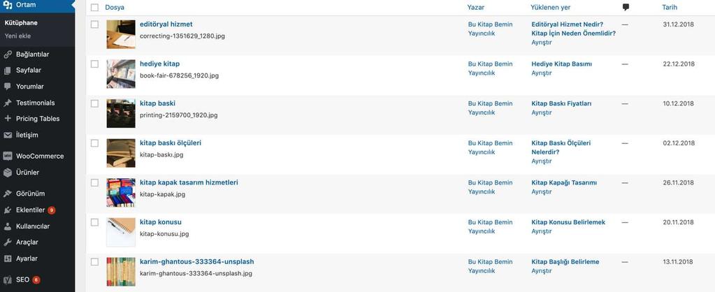 7- WordPress Fotoğraf ve Video Yükleme Yüklediğiniz tüm dosyalar en güncel olanlar üst sıralarda olacak şekilde Ortam kütüphanesinde listelenirler.