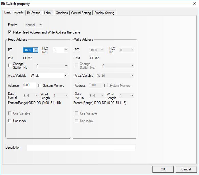 Start ve Reset için eklenen Bit Switch komponentine Bit Switch Property sayfasında