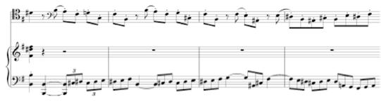 Örnek 10 Yeniden sergi, birinci füg temasının piyano partisindeki si majör tekrarı ile başlar. Aynı anda, viyolonsel partisinde buna karşıt ikinci füg teması sunulur. (Bkz. Örnek-10) Op.