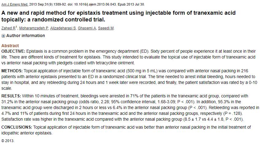 A New and Rapid Method for Epistaxis Treatment Using Injectable Form of Tranexamic Acid