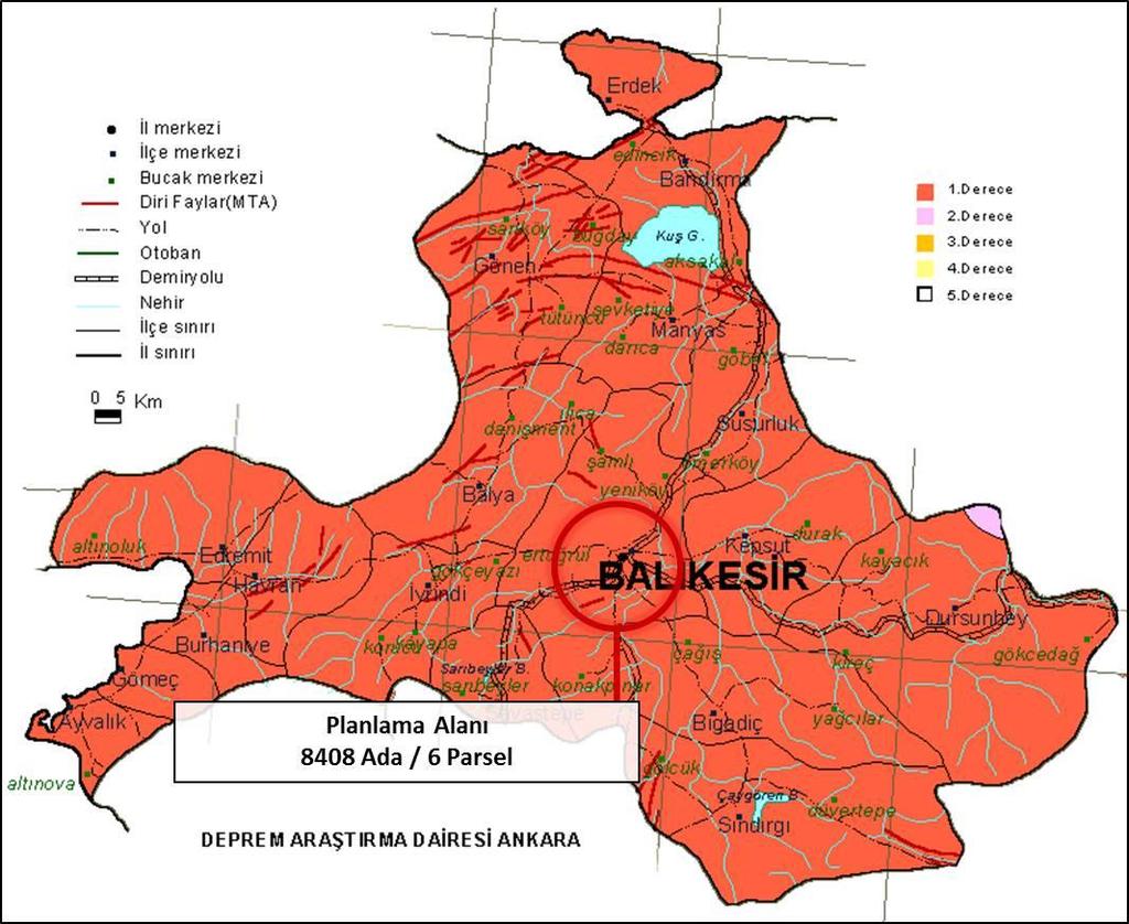 4. PLANLAMA ALANI DOĞAL VE FİZİKSEL EŞİKLER Planlama alanının; Bakanlar Kurulu nun 18.4.1996 Tarih ve 96/8109 Sayılı kararı ile yürürlüğe girmiş Türkiye Deprem Bölgeleri haritasına göre 1.