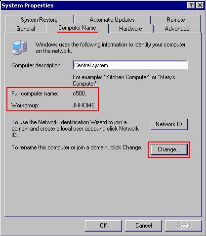 Control-Panel>System icon veya My tab Full Workgroup : computer Computer Name > Burdaki Ağınızda değer bir NT bilgisayarın server veya ağ Properties aynı Windows