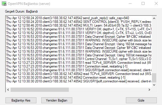 Tüm sunucu ayarlarını tamamladıktan sonra sunucu bilgisayardaki OpenVPN Bağlantısı ikonuna sağ tıklayıp